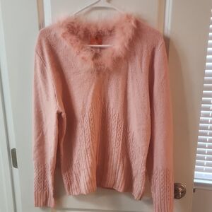 Hearts of Palm Pink Sweater with Fuzzy Collar